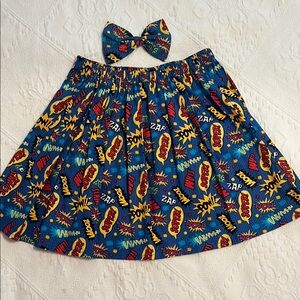 Colorful Comic Print Girl’s Skirt with Bow Elastic Waist Handmade